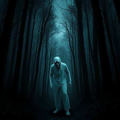 A poster representing the Horror genre, with a dark, eerie forest and a menacing figure lurking in the background.