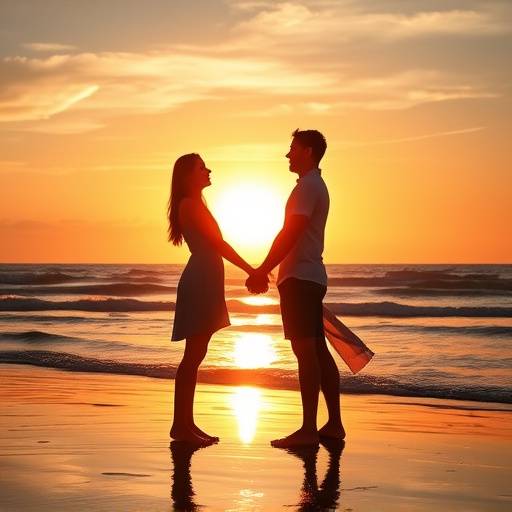 A poster representing the Romance genre, showing a couple holding hands on a beach at sunset.