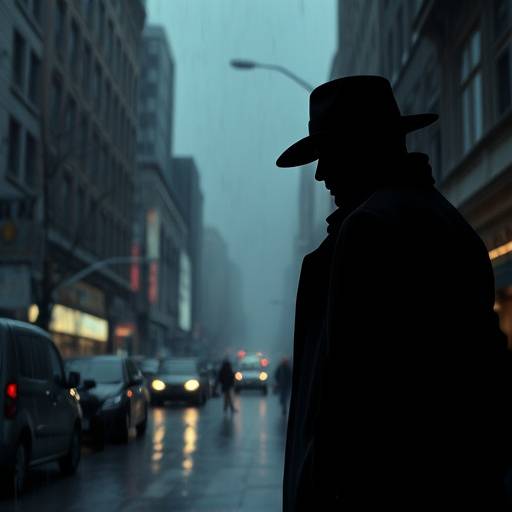 Poster for the TV show Crimson Echoes, depicting a dark and moody scene with a detective silhouetted against a rain-soaked street.
