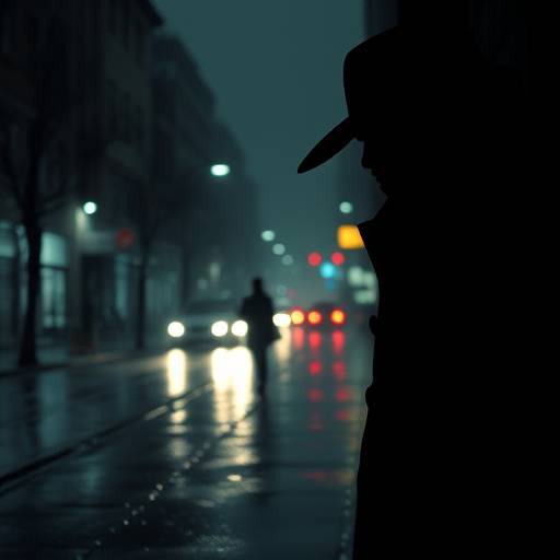 Poster for the TV show Crimson Echoes, depicting a dark and moody scene with a detective silhouetted against a rain-soaked street.
