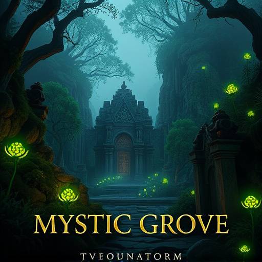Poster for the TV show Mystic Grove, displaying a mystical forest scene with glowing plants and ancient ruins.