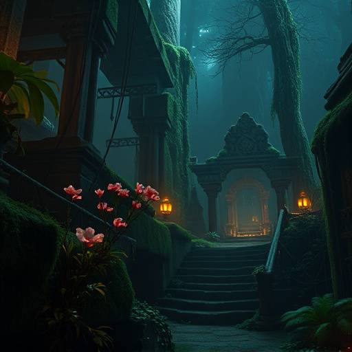 Poster for the TV show Mystic Grove, displaying a mystical forest scene with glowing plants and ancient ruins.
