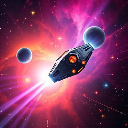 Poster for the TV show Stellar Drift, showing a spaceship hurtling through a vibrant nebula, surrounded by stars.