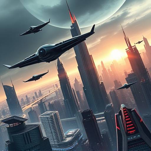 Poster for the upcoming TV show Echoes of Tomorrow, featuring a sleek, futuristic city with flying vehicles and towering skyscrapers.