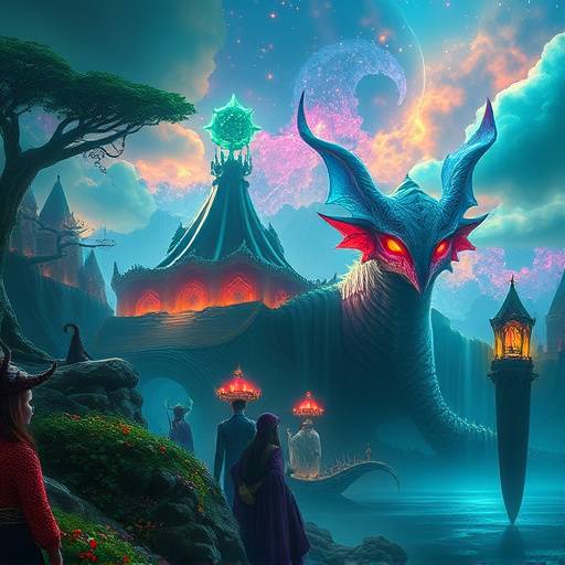 Poster representing the Fantasy genre with magical landscapes and mythical creatures.
